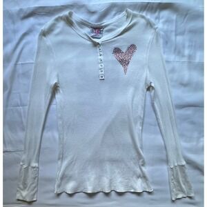 Ankh Royalty Y2K White Waffle Knit Rhinestone Heart LOVE Henley Top Large USA